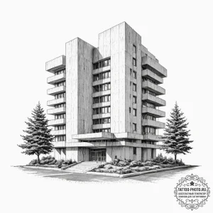 The stark, brutalist architecture of a govern... - эскиз тату (№1752306421_0, 12.07.2025 07:47) — tattoo-photo.ru