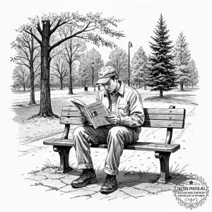 A person reading a newspaper on a park bench.... - эскиз тату (№1752308110_0, 12.07.2025 08:15) — tattoo-photo.ru