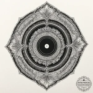 A detailed close-up of a vinyl record being p... - эскиз тату (№1752312736_0, 12.07.2025 09:32) — tattoo-photo.ru