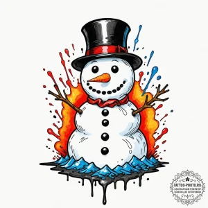 A close-up of a melting snowman., tattoo sket... - эскиз тату (№1752315411_0, 12.07.2025 10:16) — tattoo-photo.ru