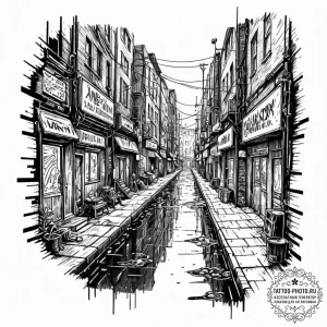 Tattoo sketch a cyberpunk alleyway with neon... - эскиз тату (№1752316164_0, 12.07.2025 10:29) — tattoo-photo.ru