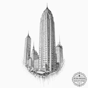 Tattoo design a towering skyscraper, symboliz... - эскиз тату (№1752321442_0, 12.07.2025 11:57) — tattoo-photo.ru