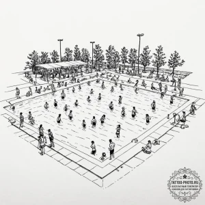 A shot of a crowded public swimming pool on a... - эскиз тату (№1752330858_0, 12.07.2025 14:34) — tattoo-photo.ru