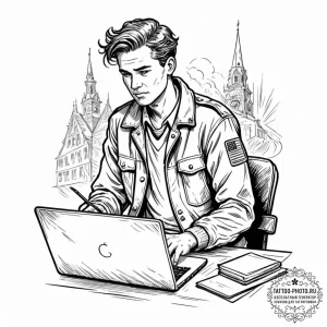 A journalist in a flak jacket, typing on a la... - эскиз тату (№1752331241_0, 12.07.2025 14:40) — tattoo-photo.ru