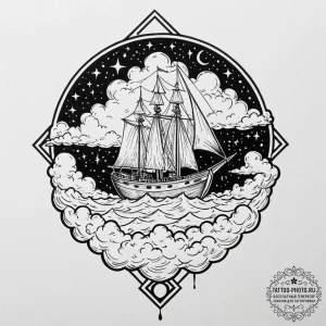 Tattoo design a small boat sailing on a sea o... - эскиз тату (№1752331572_0, 12.07.2025 14:46) — tattoo-photo.ru