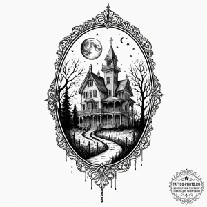 Tattoo sketch a haunted mansion silhouette ag... - эскиз тату (№1752333415_0, 12.07.2025 15:16) — tattoo-photo.ru
