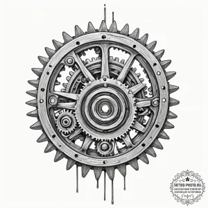 A close-up on the weathered, greasy gears of... - эскиз тату (№1752335745_0, 12.07.2025 15:55) — tattoo-photo.ru