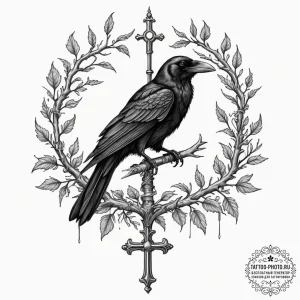Tattoo sketch: a stylized crow or raven perch... - эскиз тату (№1752338731_0, 12.07.2025 16:45) — tattoo-photo.ru