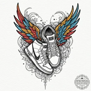 Tattoo sketch a runner's shoe with wings., ar... - эскиз тату (№1752339752_0, 12.07.2025 17:02) — tattoo-photo.ru