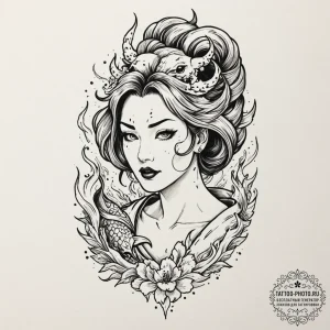 A trash polka tattoo of cruella de vil, with... - эскиз тату (№1752340508_0, 12.07.2025 17:15) — tattoo-photo.ru