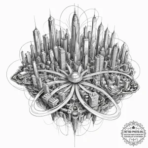 Tattoo sketch, sprawling smart city bloom, an... - эскиз тату (№1752341176_0, 12.07.2025 17:26) — tattoo-photo.ru