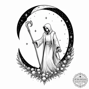 Tattoo sketch, scythe of cosmic harvest, a st... - эскиз тату (№1752342350_0, 12.07.2025 17:45) — tattoo-photo.ru