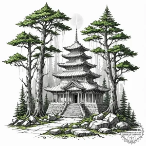 Tattoo sketch, tranquil tech temple, a serene... - эскиз тату (№1752344285_0, 12.07.2025 18:18) — tattoo-photo.ru