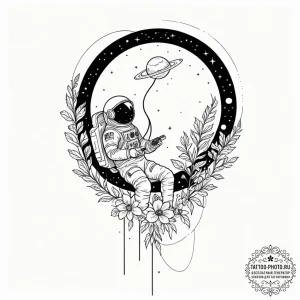 Tattoo sketch, tethered astronaut, cosmic blo... - эскиз тату (№1752344621_0, 12.07.2025 18:23) — tattoo-photo.ru