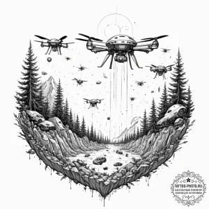 Tattoo sketch, terraforming drone swarm, a dy... - эскиз тату (№1752344994_0, 12.07.2025 18:29) — tattoo-photo.ru