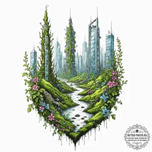 Tattoo sketch, urban utopia, bioluminescent o... - эскиз тату (№1752348418_0, 12.07.2025 19:26) — tattoo-photo.ru