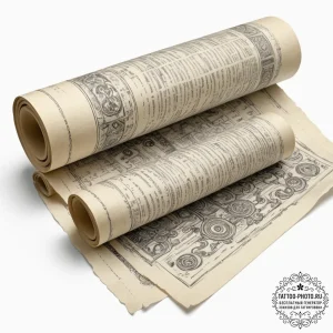 Tattoo sketch, vellum scroll, projected truth... - эскиз тату (№1752354345_0, 12.07.2025 21:05) — tattoo-photo.ru