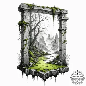 Tattoo sketch, wall of whispering memories, a... - эскиз тату (№1752356627_0, 12.07.2025 21:43) — tattoo-photo.ru