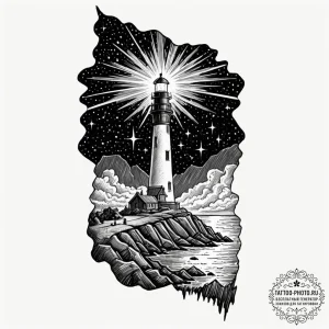 Tattoo sketch, weathered lighthouse, cosmic b... - эскиз тату (№1752358656_0, 12.07.2025 22:17) — tattoo-photo.ru