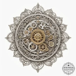 Tattoo sketch, whimsical clockwork bloom, a m... - эскиз тату (№1752359594_0, 12.07.2025 22:33) — tattoo-photo.ru