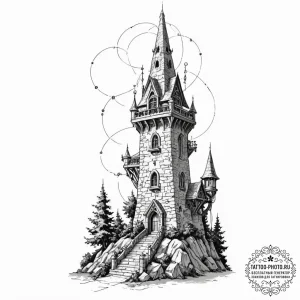 Tattoo sketch, wizard's tower, networked spir... - эскиз тату (№1752360562_0, 12.07.2025 22:49) — tattoo-photo.ru