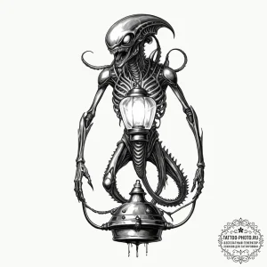 Tattoo sketch, xenomorphic lantern, guiding l... - эскиз тату (№1752361429_0, 12.07.2025 23:03) — tattoo-photo.ru