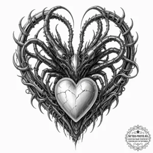Tattoo sketch, xenomorphic heart, bio-digital... - эскиз тату (№1752363144_0, 12.07.2025 23:32) — tattoo-photo.ru