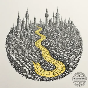 Tattoo sketch, yellow brick road of code, a w... - эскиз тату (№1752365260_0, 13.07.2025 00:07) — tattoo-photo.ru