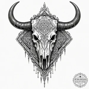 Tattoo sketch, yak skull, tribal tech runes,... - эскиз тату (№1752367199_0, 13.07.2025 00:39) — tattoo-photo.ru