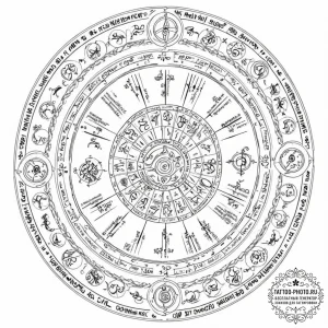 Tattoo sketch, zodiac wheel, algorithm driven... - эскиз тату (№1752370580_0, 13.07.2025 01:36) — tattoo-photo.ru