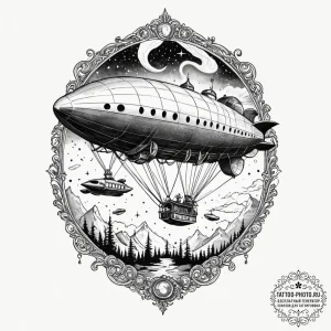 Tattoo sketch, zeppelin fleet, aurora-lit ski... - эскиз тату (№1752371257_0, 13.07.2025 01:47) — tattoo-photo.ru