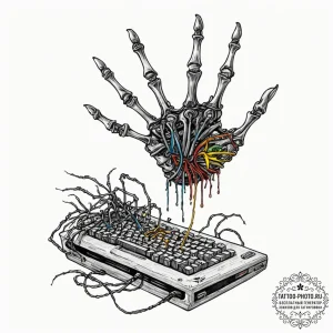 Tattoo sketch, zombie hand, reaching for code... - эскиз тату (№1752372295_0, 13.07.2025 02:04) — tattoo-photo.ru