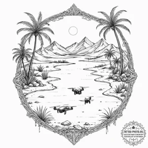 Tattoo sketch, deserted drone oasis, a desola... - эскиз тату (№1752375943_0, 13.07.2025 03:05) — tattoo-photo.ru