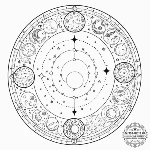 Tattoo sketch, lunar cycle dial, a circular d... - эскиз тату (№1752377719_0, 13.07.2025 03:35) — tattoo-photo.ru