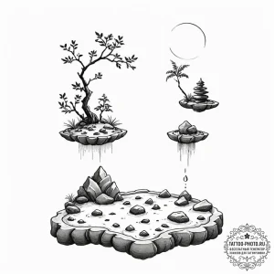 Tattoo sketch, floating zen garden, a tranqui... - эскиз тату (№1752378736_0, 13.07.2025 03:52) — tattoo-photo.ru