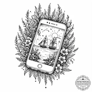 Tattoo sketch, cracked smartphone, blooming n... - эскиз тату (№1752378907_0, 13.07.2025 03:55) — tattoo-photo.ru