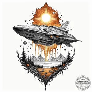 Tattoo sketch, wreckage of worlds, new life b... - эскиз тату (№1752380262_0, 13.07.2025 04:17) — tattoo-photo.ru