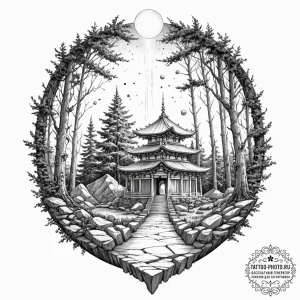 Tattoo sketch, tranquil tech temple, a serene... - эскиз тату (№1752380769_0, 13.07.2025 04:26) — tattoo-photo.ru