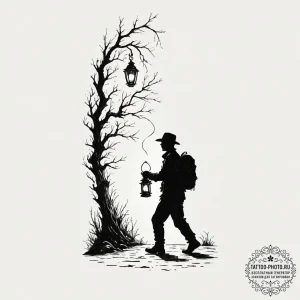 Tattoo sketch, weary traveler's digital lante... - эскиз тату (№1752381617_0, 13.07.2025 04:40) — tattoo-photo.ru