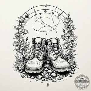 Tattoo sketch, wanderer's weary boots, digita... - эскиз тату (№1752382215_0, 13.07.2025 04:50) — tattoo-photo.ru