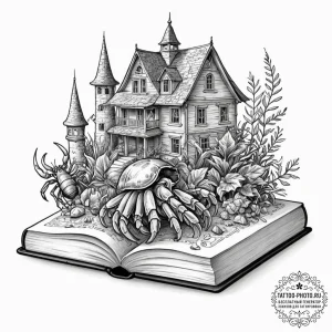 Tattoo sketch, hermit crab with a house of kn... - эскиз тату (№1752383406_0, 13.07.2025 05:10) — tattoo-photo.ru