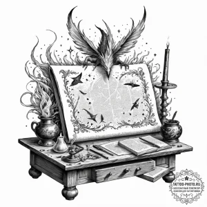Tattoo sketch, dream weaver's desk, an old, w... - эскиз тату (№1752383831_0, 13.07.2025 05:17) — tattoo-photo.ru