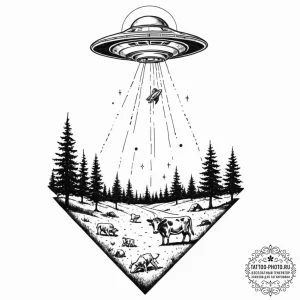 Tattoo sketch, alien abduction scene, whimsic... - эскиз тату (№1752389969_0, 13.07.2025 06:59) — tattoo-photo.ru