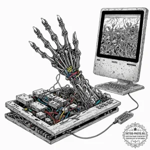Tattoo sketch, zombie hand, reaching for code... - эскиз тату (№1752392177_0, 13.07.2025 07:36) — tattoo-photo.ru