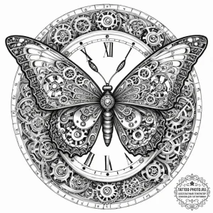 Tattoo sketch, chrono-butterfly: a butterfly… — эскиз тату (№1752392861_0, 13.07.2025 07:47) — tattoo-photo.ru