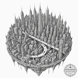 Tattoo sketch, zenith view, digital cityscape... - эскиз тату (№1752392948_0, 13.07.2025 07:49) — tattoo-photo.ru
