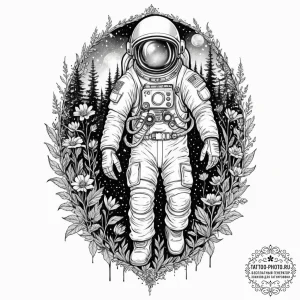Tattoo sketch, ethereal astronaut in nature,... - эскиз тату (№1752393293_0, 13.07.2025 07:54) — tattoo-photo.ru