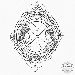 Tattoo sketch, zodiac sign, quantum entangled... - эскиз тату (№1752394069_0, 13.07.2025 08:07) — tattoo-photo.ru
