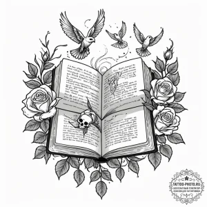 Tattoo sketch, book falling open, pages turni... - эскиз тату (№1752396222_0, 13.07.2025 08:43) — tattoo-photo.ru