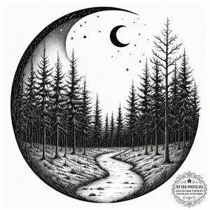 Tattoo sketch, moonlit quantum forest, a dark... - эскиз тату (№1752396737_0, 13.07.2025 08:52) — tattoo-photo.ru